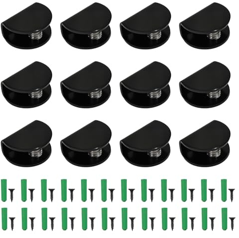 12 Piezas Soporte de Vidrio, Abrazadera de Vidrio de Acero Inoxidable, Soportes para Estanteria de Cristal Clip de Vidrio Semicírculo con Tornillos (Negro, Semicírculo, para Cristal de 3-9 mm)