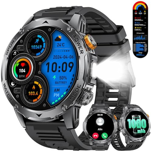 LIGE Reloj Inteligente Hombre, 1000mAh Batería/Linterna LED, Llamada Bluetooth Asistente de Voz, 100+ Modos Deportivos, 1,75 Exteriores Smartwatch Hombre para Android iOS, Negro