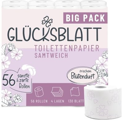 Glücksblatt Toilettenpapier SAMTWEICH mit frischem Blütenduft, 4-lagig, 56 Rollen x 130 Blatt, 100% Zellstoff, superweiches Klopapier mit Glücks-Prägung, WC Papier, Verpackung aus mind. 30% PCR