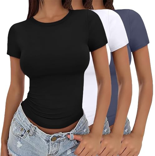 Confezione da 3 magliette a maniche corte da donna a girocollo t-shirt basic elasticizzata aderente estiva crop top slim fit Y2K camicetta base comoda doppia fodera top elasticizzato stretto crop