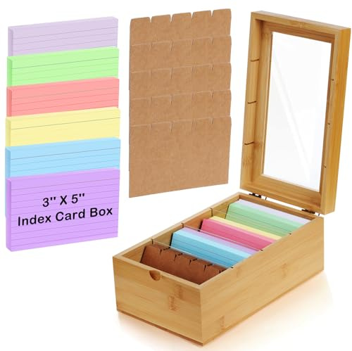 AceOrbit 3x5'' Index Card Holder Box with Dividers Bamboo Index Card Organizer Wood Recipe Box with Lid 4 Compartments for 1200 Cards File Notecard Holders for Business Home Office Kitchen