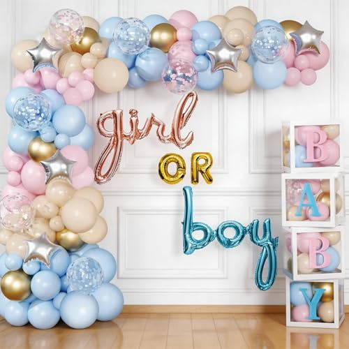 Gender Reveal - Juego de decoración de cajas de globos, 159 piezas, guirnalda de globos rosa y azul, con 4 cajas de bebé y letras, decoración de fiesta de género para niños o niñas