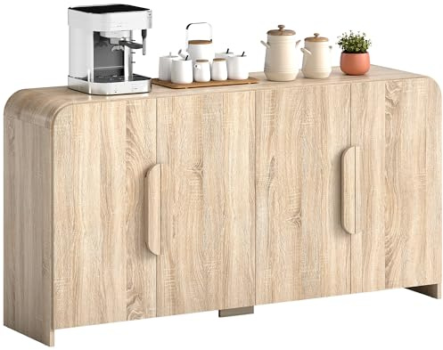 HOMCOM Credenza Cucina, Mobile Cucina con Ante Soft Close, Angoli Arrotondati, Ripiani Regolabili, Stile Moderno, Credenza Buffet per Soggiorno, Salotto, Sala da Pranzo, 157.4x39x82cm, Legno Naturale