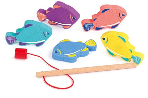 LUDI - Pesca de línea magnética - Juego de Agua con caña de Madera y 5 Peces de Silicona - Desarrolla motricidad y coordinación - a Partir de 18 Meses
