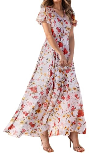 Générique Fleurie Mousseline Robe Longue Femme Ete Robes Été Midi Manche Courte Robe Mariage Invitée Fleurie Courte Robes Col en V Été De Soiree 2026