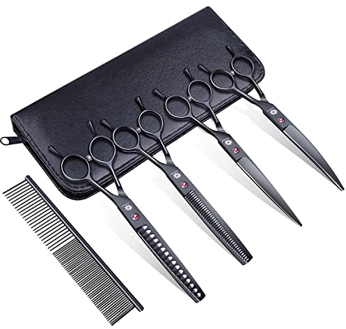 Dream Reach Professional 7.0'' Dog & Cat Grooming Scissors Kit - Curved, Thinning, Chunker & Straight Scissors - 4pcs Set - Black, Stainless Steel