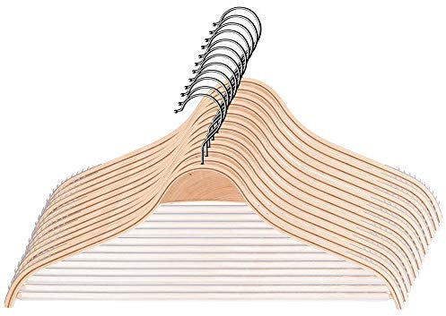 KADAX Kleiderbügel aus Holz mit eingekerbten Schultern, Hosensteg, platzsparende Garderobenbügel für Hosen, Rock, Hemd, Anzug, rutschfest, 360°drehbarer Metallhaken (12)