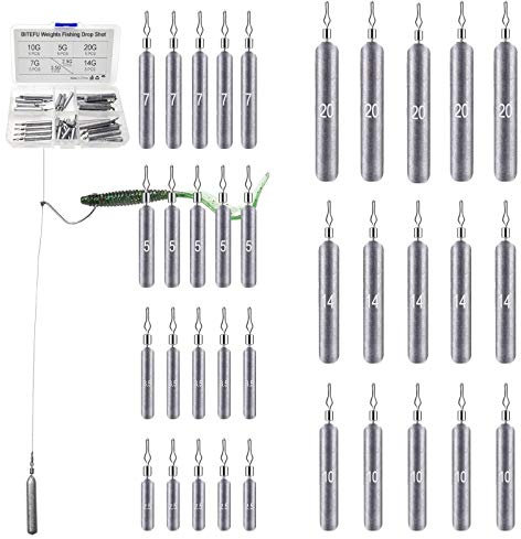 BITEFU 35 Stück Drop Shot Blei Set - Angelgewichte Set in 7 Größen (3,5g/5g/7g/10g/14g/20g/28g) mit Box - Tropfenform Sinker für Drop-Shot, Grundangeln im Süßwasser & Meer