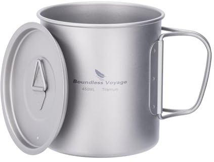 iBasingo 450 ml campingmugg, resekopp, utomhus, bärbart köksredskap, titan, kaffe-, te-, vattenkopp, ett lager, kastrull, lätt servis med lock och vikbart handtag, inomhus, picknick, kontor, dryckesartiklar, Ti3035D
