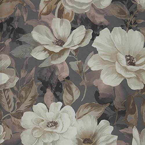 Kt KILOtela - Tessuto Canvas Stampato, Cotone Biologico, Divani, Tavolo, Sedia, Letto, Tende, Cuscini, Borse, Portafogli, 100 cm Lunghezza x 280 cm Altezza, Fiori Gardenia, Grigio, Ecrù, Rosa, Marrone