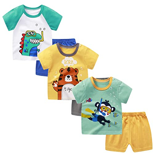 XM-Amigo Conjunto de Ropa para Niño, Pack 6 Piezas / 3 Juegos, Camiseta de Manga Corta y Pantalones Cortos de Algodón Puro, Sin Broche de Hombro, Talla 70/110 Edad 3-4 Años