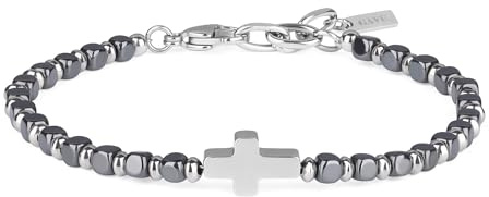 GAVU Bracciale da Uomo in Acciaio Inox e Pietre Dure con Charm Croce e Pepite Quadrate di Ematite, Bracciale Croce da Uomo