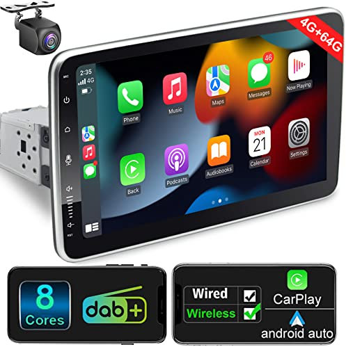 Android Autoradio mit Navi 10 Zoll Bildschirm Eingebaut DAB+ Wireless Android Auto & Wireless Carplay 1 Din Auto Radio Touch Display mit Bluetooth 8 Core 4G+64G WiFi 4G GPS AM/FM RDS