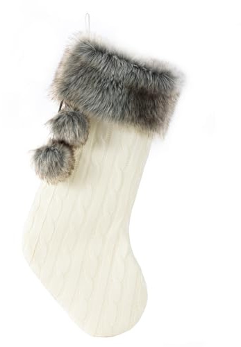 E-FirstFeeling Cable Knit Christmas Stockings with Faux Fur Cuff Large Knitted Xmas Stockings Rustic Hanging Stockings Ornaments for Christmas Decorations Holiday Season Decor (Ivory White)