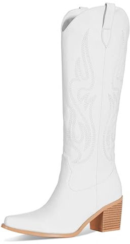 MIRAAZZURRA Cowboy Stiefel Damen Westernstiefel Spitze Zehe Stickerei Cowgirl Stiefel Block Weitschaftstiefel Kniehohe Boots Weiß EU 42
