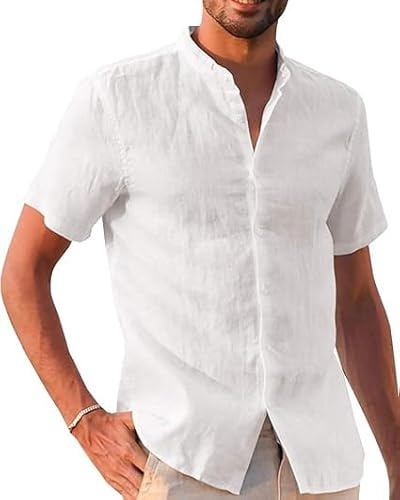 Runcati Camicia in lino, da uomo, a maniche corte, per il tempo libero, vestibilità normale, da spiaggia, tinta unita, casual, bianco, L