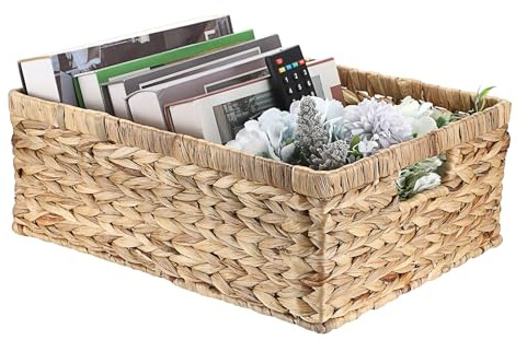 OGANAZI Natural Water Hyacinth Baskets with Handles, Woven Wicker Storage Baskets for Organizing, Shelf Baskets for Bedroom Bathroom Living Room, 40.5 * 30.5 * 13cm