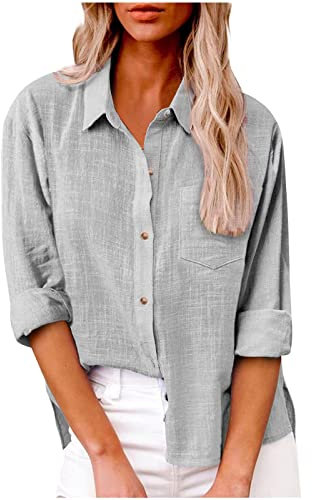 Damen Leinenhemd Elegant - Langarm Sommer Bluse Mit Revers, Einfarbig Basic Top - Grau, M