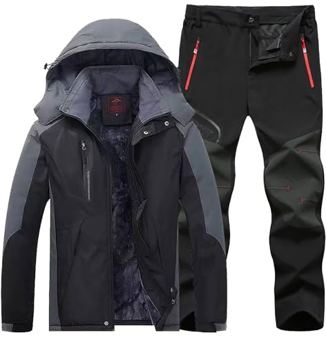 Vattentät utomhusskidsats för män, termisk vindtät jacka och byxor, andningsbar vinter snowboarddräkt, isolerad vandring och snöutrustning, väderbeständiga skidkläder, utomhus skidset, Svart, XL