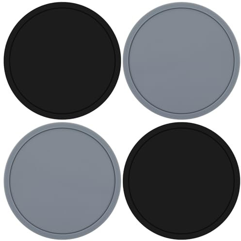 Oruola 4pcs Silicone Coasters,Round Silicone Rubber Mug Coaster,Coasters Set of 4,Non-Slip Black Coasters for Drinks,Coffee,Beer,Wine Glass,Home and Bar(Grey & Black)