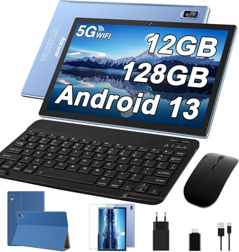 fezawio Tableta de 10 Pulgadas, Tableta Android 13, 2.0ghz, Ocho núcleos, 12 GB de Ram + 128 GB de ROM, TF 512GB, Bluetooth 5.0, reconocimiento Facial, Teclado + Funda de Cuero + ratón, Azul