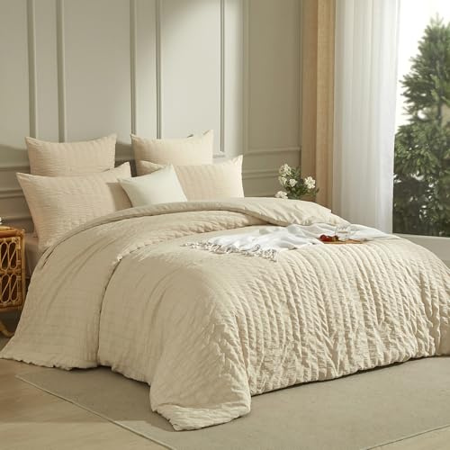 Luofanfei Housse de Couette 240 x 260 Beige Crème Seersucker Unie Parure de Lit Microfibre 2 Personnes Adulte Linge de Lit Uni Parure Housse Couette zippée 240x260 avec 2 Taies d'oreiller 65x65 cm