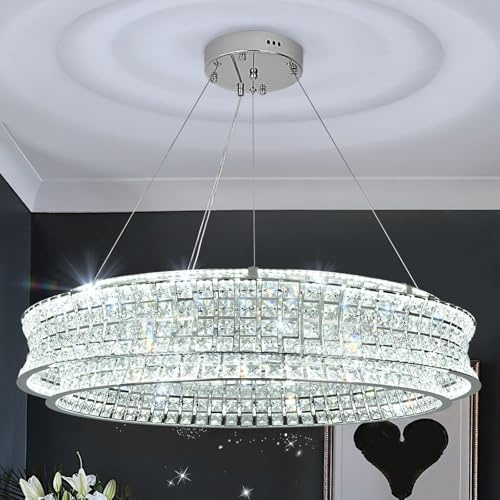 AOOCHOK Lampadario moderno di cristallo per il soggiorno, luci a sospensione LED chrome, lampada a sospensione rotonda di cristallo per sala da pranzo, camera da letto, ristorante, Φ80cm