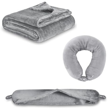 Siyecioa Reisedecke Ultraleicht Warm, Reise Flugzeug Auto Gadgets, Nackenkissen Nackenrolle Dünne Decke Faltbar 3-In-1-Set Fleece, für Reisen, Camping, Büros Zuhause