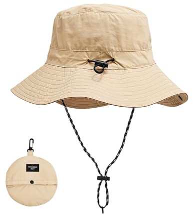 Waterproof Bucket Hat for Men and Women, Foldable Boonie Sun Hat with Wide Brim, UPF 50+ UV, Adjustable Chin Strap, Quick Dry Rain Hat for Fishing, Hiking, Camping, Travel and Outdoor Use (Khaki)