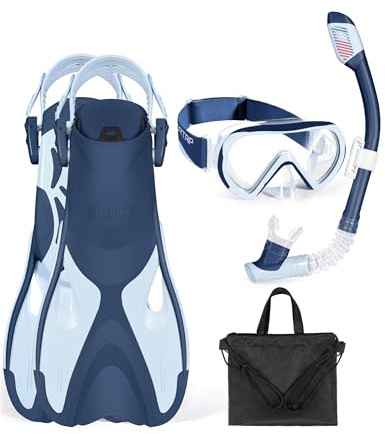 Supertrip Set de Esnórquel para Niños con Aletas, Gafas de Buceo Panorámicas de 180°, Aletas Ajustables y Esnórquel Seco, Set de Esnórquel 4 en 1 para Niños de 6 a 14 Años