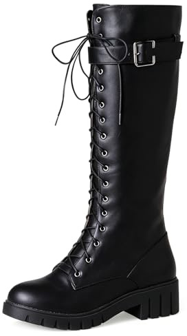 ,Negro,38 EU,Botas Altas Mujer Punta Redonda tacón Grueso Cordones Delante Correa tobillero Retro Workwear Exterior Viajes Cortos
