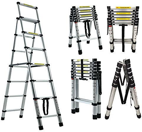 teleskopstege, 12,5FT, Teleskopstege I Aluminium, Bärbar Loftstege for Utomhusbruk(5.6FT+6.6FT Folding Ladder(Alu))
