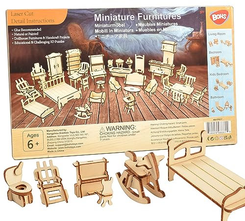 BOHS Kit de Muebles 3D para Casa de Muñecas, Rompecabezas de Madera, 34 Piezas, Juguete Educativo DIY para Niños de 6 Años en Adelante