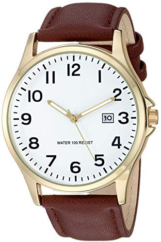 Amazon Essentials Men's Easy to Read 42mm Leather Band Analog Watch