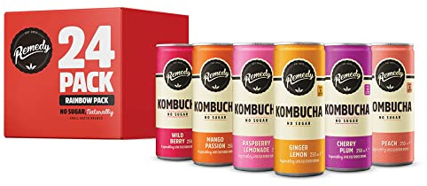 Remedy Kombucha Tea - Rainbow Mixed Pack - Sparkling Live Cultured Drink - Naturally Sugar Free Soft Drink - Probiotic Drink for Gut Health - 24 x 250ml