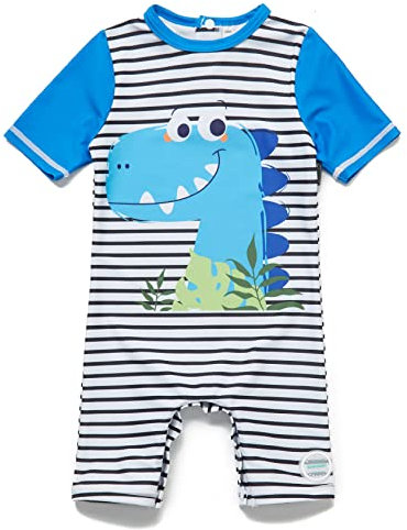Mazuliso Bebé Niño Traje de Baño Entrepierna Inferior Botón UV una Pieza Manga Corta Bañadores Sombrero con Cremallera(BUDino2,62-68 CM)
