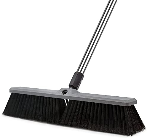 18 Inch Push Broom Brush Outdoor Heavy Duty Broom Stiff Bristles Commercial Outdoor Broom Brush for Cleaning Garage Driveway Yard Patio Deck Concrete Wood Stone Floor with 63 Long Handle