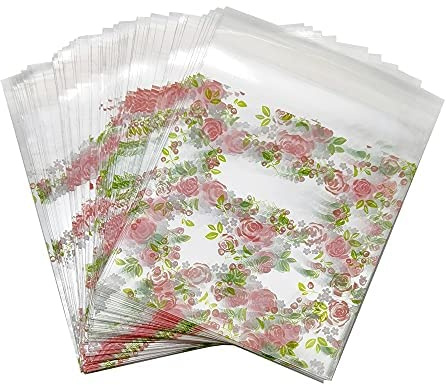 YDHfdc 200pcs Self Adhesive Cookie Bags Rose flower Printing Cellophane Gift Bags Treat Bags OPP Plastic Gift Bags for Candy, Soap, Cookie, Valentine Chocolates - 100mm*100mm