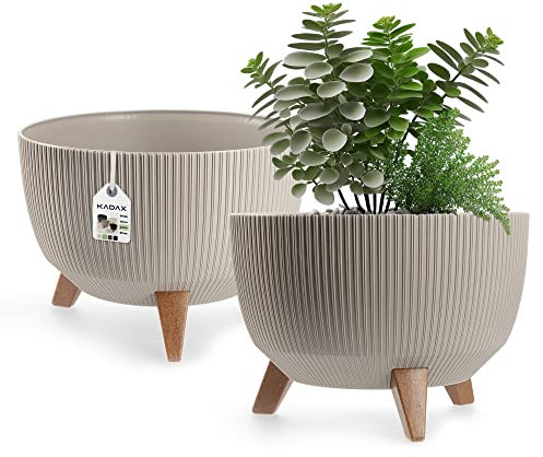 KADAX Pot de Fleurs en Plastique avec Trois Supports à piquer, jardinière Ronde, bac à Plantes, pour Balcon, Salon (33 cm Ø/Taupe)