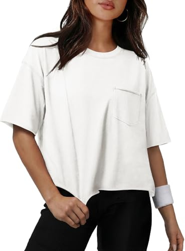 ATHMILE Cropped Tshirt Womens Oversized T-Shirts Short Sleeve Workout Crop Tops Casual Drop Shoulder Boxy Roll Hem Basic Loose Tees White