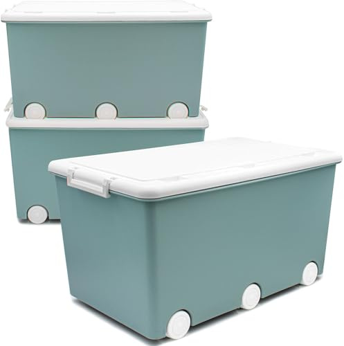 Babykajo 3 Aufbewahrungsboxen mit Deckel und Rollen 50L - Stapelboxen mit Deckel undurchsichtig - Plastikbox mit Deckel zum verschließen- Kisten Aufbewahrung mit Deckel