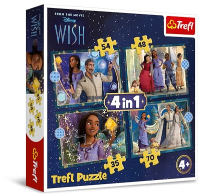 Trefl - Wish, Les rêves Deviennent réalité - Puzzle 4 en 1, 4 Puzzles, de 35 à 70 Pièces - Différents Niveaux de Difficulté, Puzzles Colorés avec Les Personnages des Contes de Fées, Jeu pour Enfants