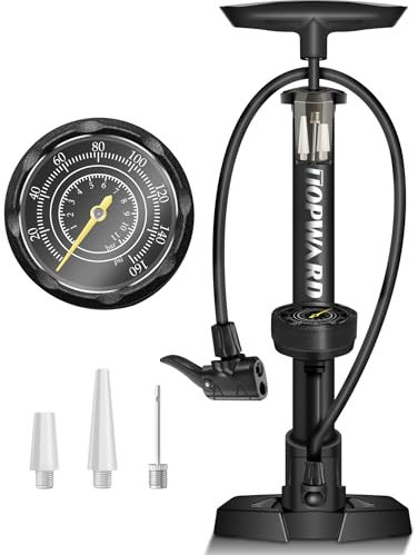 Topward Fahrradpumpe für alle Ventile, Luftpumpe für französisches Ventil, Auto-Ventil, DV, Ballpumpe fußball Basketball mit Nadel - 11 Bar / 160 PSI Maximal Druck