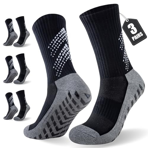 Niorasen 3 Pairs Grip Socks, Anti-Slip Football Sports Socks for Men Women Cushion Wicking Breathable Athletic Sock Slipper for Soccer Basketball Running Rugby Yoga Walking Hiking Cricket (Black-L)