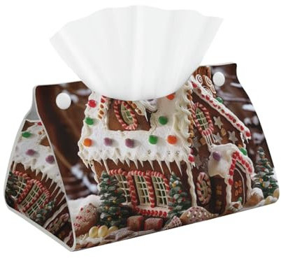 Boîte à mouchoirs de Noël en cuir moderne avec motif maison de village en pain d'épices pour la maison, le bureau, la salle de bain, la voiture