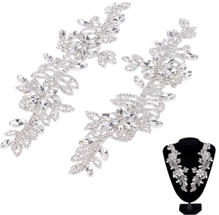NBEADS 2 Pz. Toppa con Applicazione di Strass Simmetrica, Fiore Ab Crystal Applique Patch Cintura Da Sposa per Abbigliamento Fai Da Te Decorazione Abito Da Sposa, Argento, 22X6.7cm