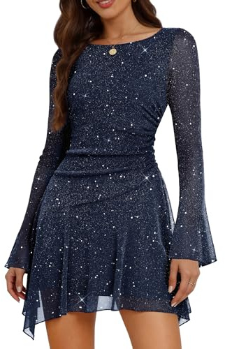 Aupuls Abito da cocktail asimmetrico da donna con paillettes a maniche lunghe per uscire da cocktail, Navy, XS