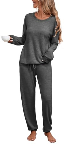 Famulily Women 2 Piece Pyjamas Set Drawstring Hem Tops & Ankle Cuffs Jogger Pants Ladies Fashion Suit Dark Grey XL
