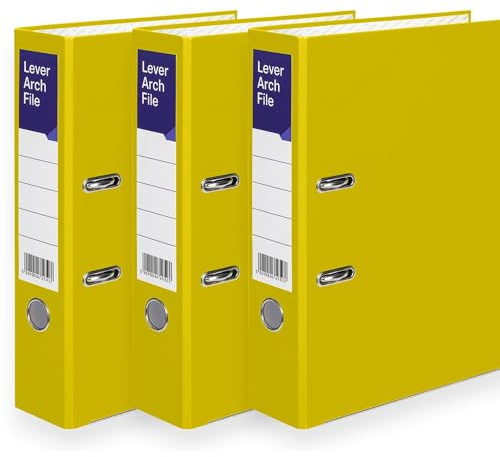 A4 Lever Arch Files for Paperwork, Metal Thumb Ring, Archive Document Folder | Large Ring Binders for Office, School & Home Filing (Yellow, Pack of 3)