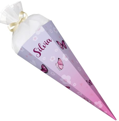 GRAVURZEILE - Cornet surprise imprimé - Papillon - Personnalisé avec nom - Cadeau de rentrée des classes - Sac à sucre hexagonal pour garçons et filles - 61 cm avec fermeture en tulle - Couleur